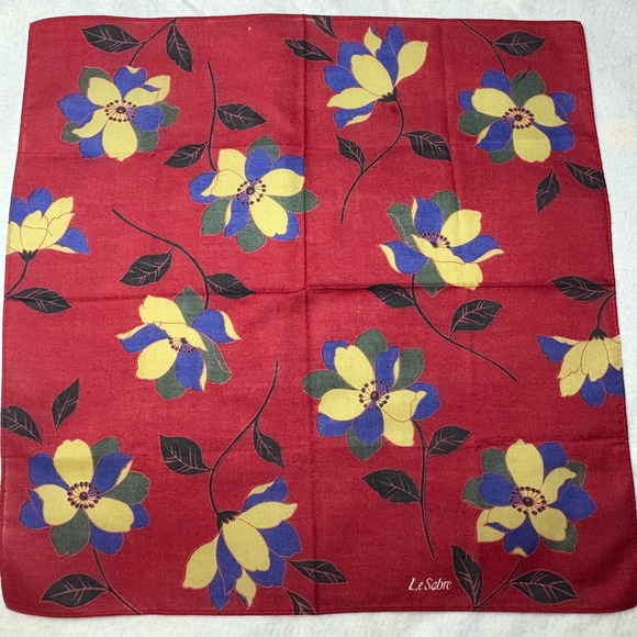 LE SABRE Accessories - Vtg LE SABRE Scarf Handkerchief Floral Blossom Botanical Red Yellow Blue 16"